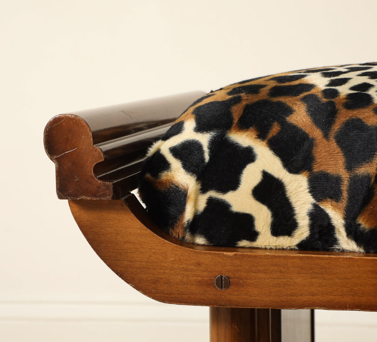 Italian Art Deco Walnut and Leopard Print Stool, circa 1940