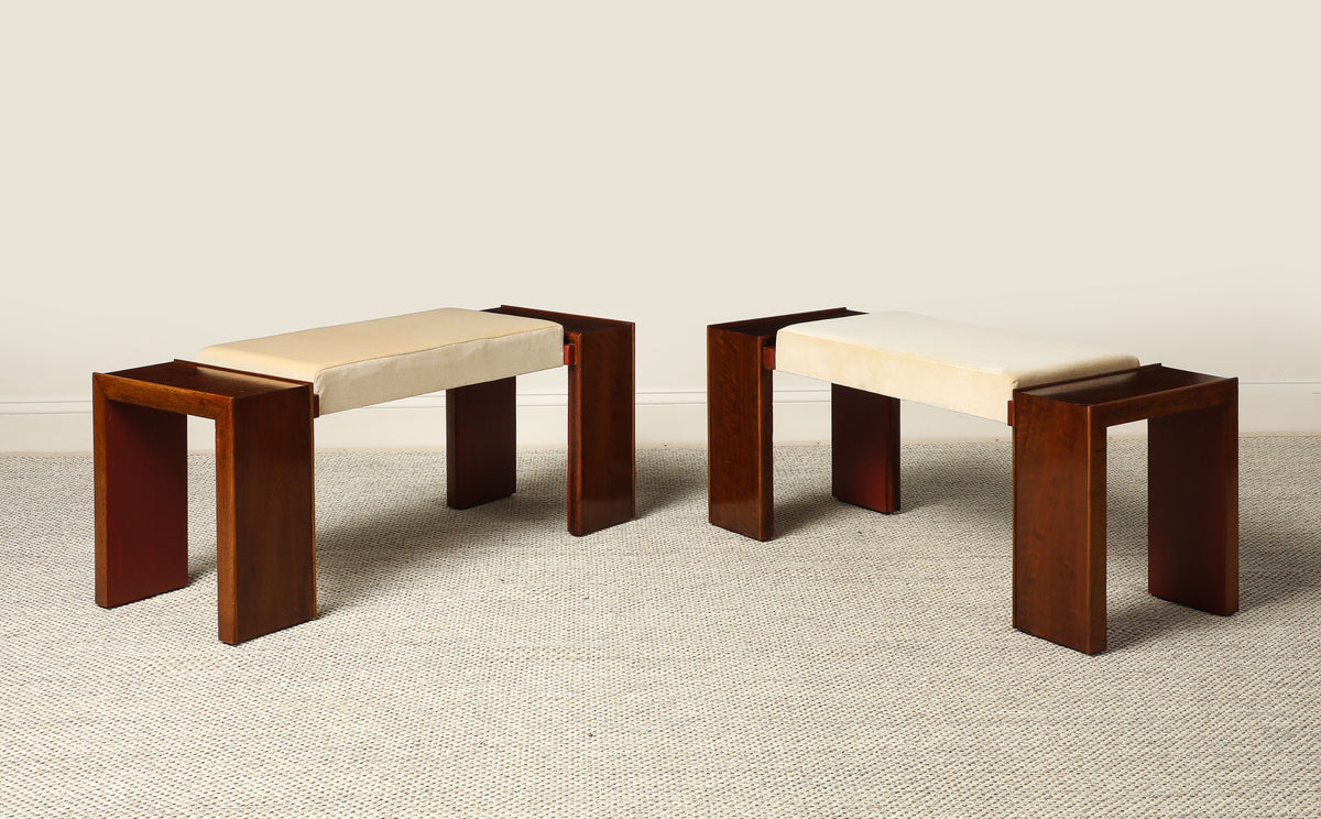 Pair of Italian Walnut Art Deco Stools, circa 1940