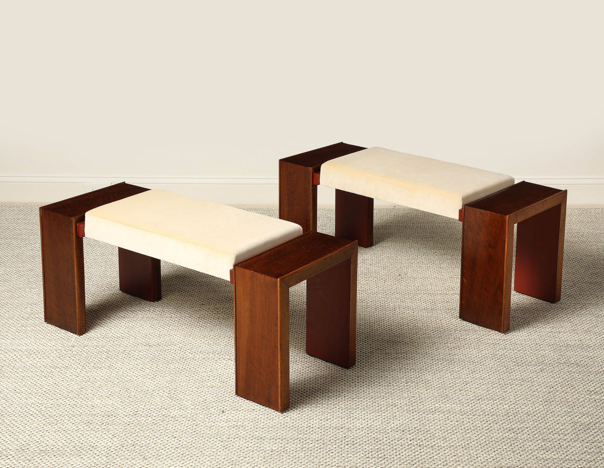 Pair of Italian Walnut Art Deco Stools, circa 1940