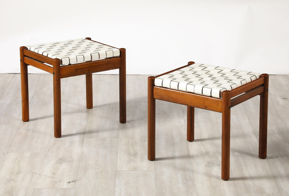 Italian 1960's Walnut Stools with Woven Leather Seats
