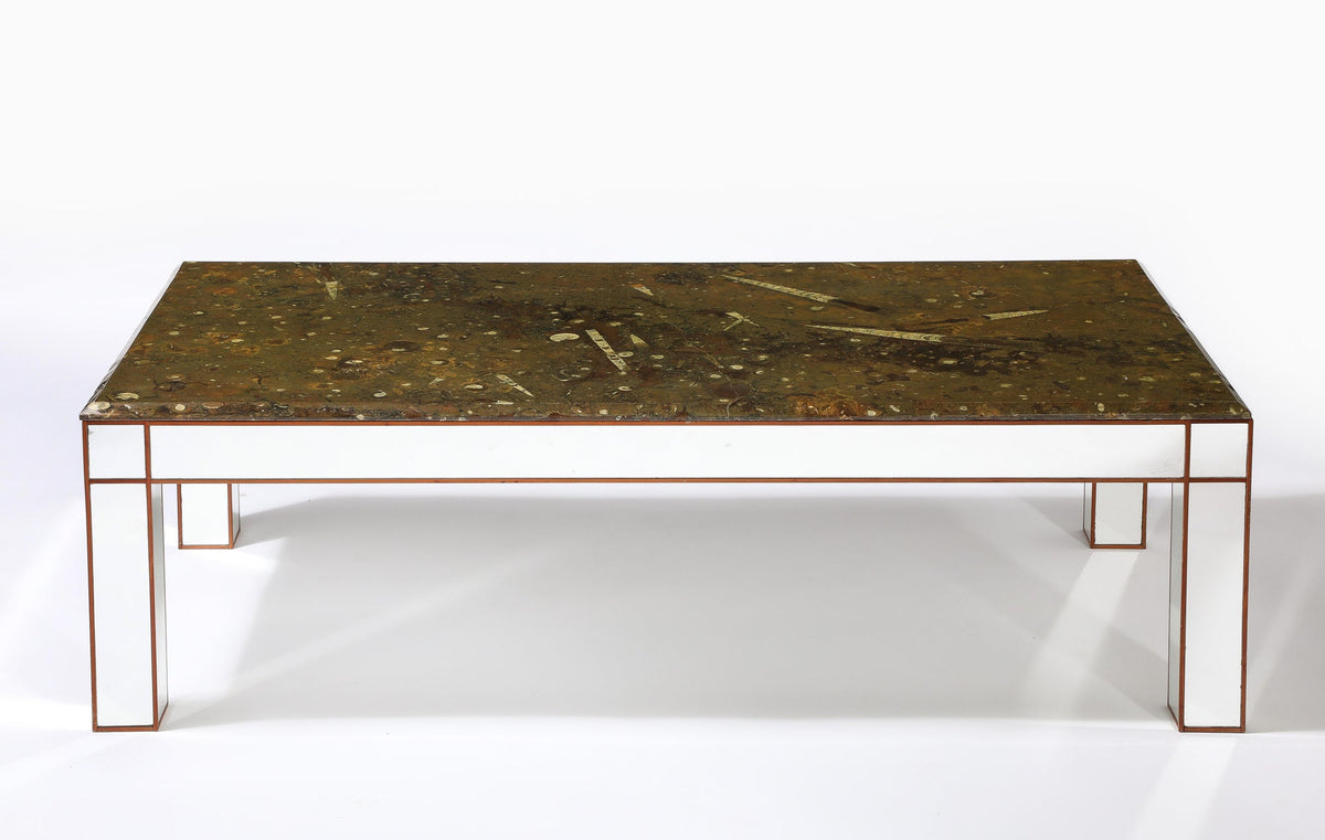 Italian Modernist Fossilized Marble Cocktail Table, Walnut Base, 1950