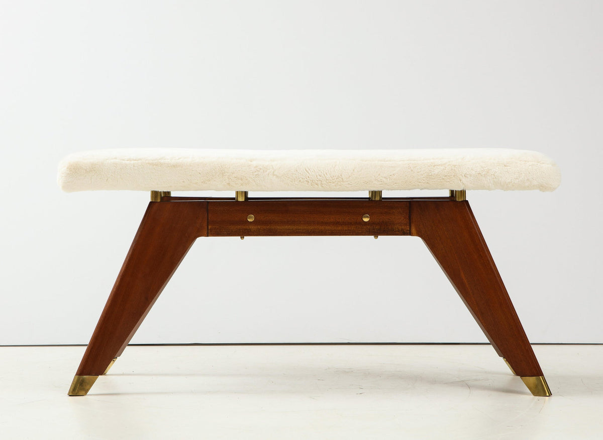 Italian 1940's Walnut and Brass Long Bench with Shaped Upholstered Seat