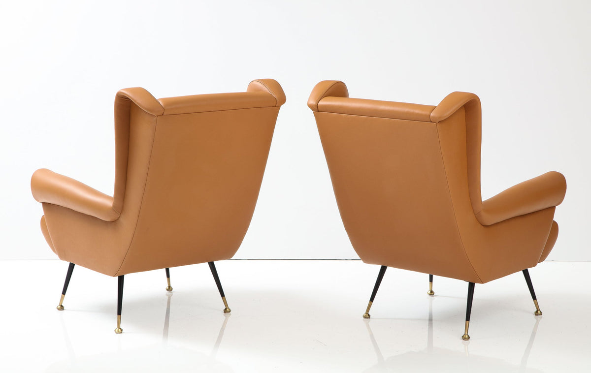 Sculptural High-Back Wing Chairs, Italian Leather, Modern Design, 1950