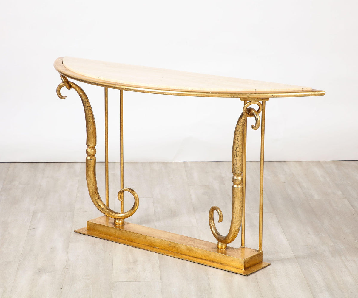 Giovanni Banci Gilt Iron Console Table with Travertine Top, 1970