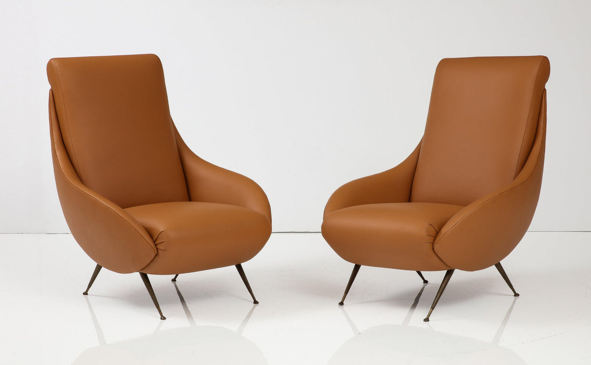 Pair of Italian Modernist Leather Lounge, Slipper Chairs , Italy, circa 1950