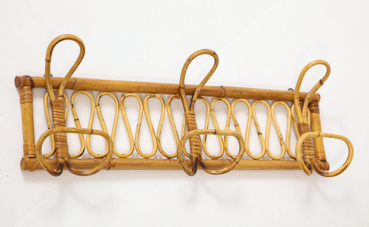 Italian Bamboo Wall Coat Rack with 3 Hooks and Decorative Scrolls