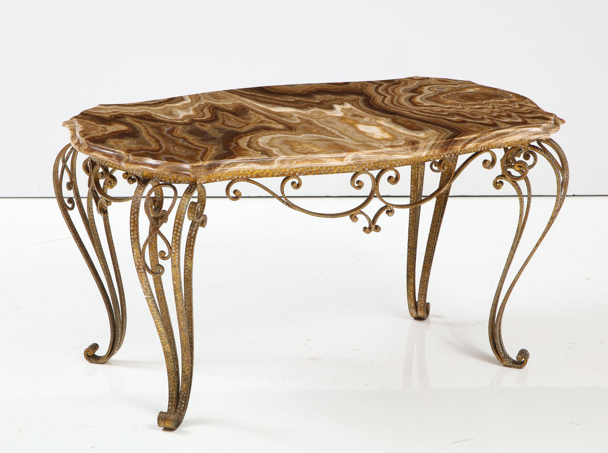 Pier Luigi Colli Hammered Gilded Iron Coffee Table with Shaped Agate Top