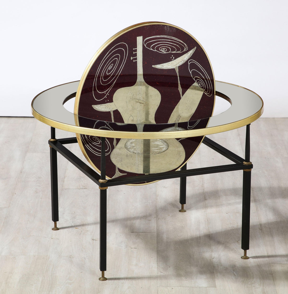 Cristal Arte Cocktail Table, Black Glass with Chess & Guitar Design