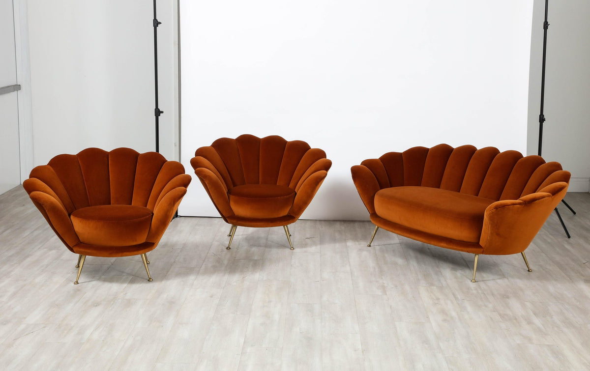1950s Italian Lounge Chairs, Scalloped Velvet, Brass Legs