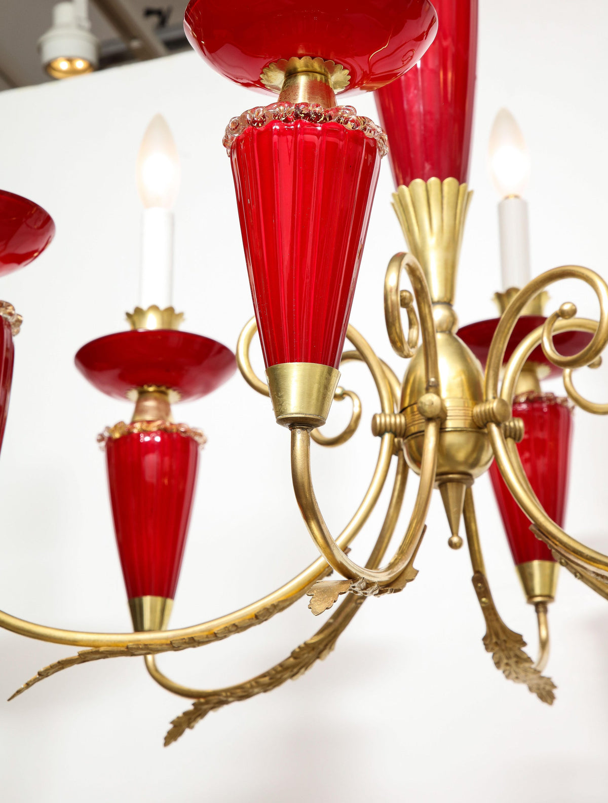 Murano Six-Arm Chandelier, Hand-Blown Glass & Brass, Italy, 1950