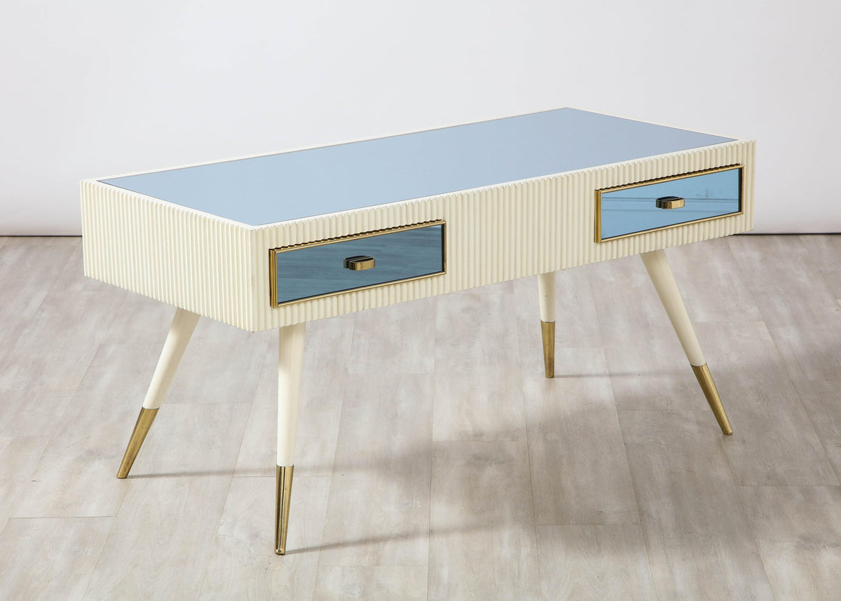 Italian 1950's Blue Glass and Painted Coffee Table with Brass Detail