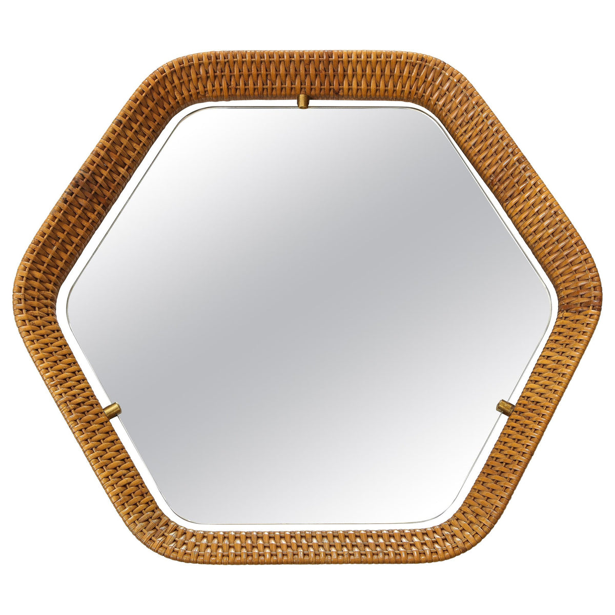 Italian Rattan Hexagonal Mirror with Brass Supports, 1950s