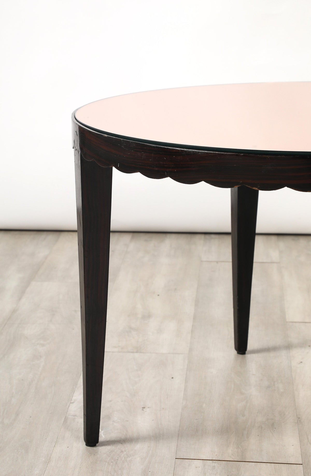 Italian Wood and Rose Gold Glass Scalloped Coffee Table, circa 1950