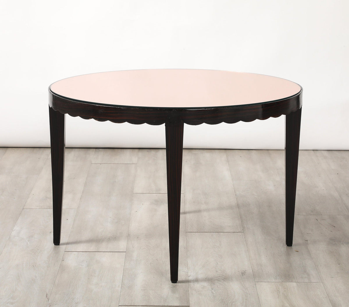 Italian Wood and Rose Gold Glass Scalloped Coffee Table, circa 1950