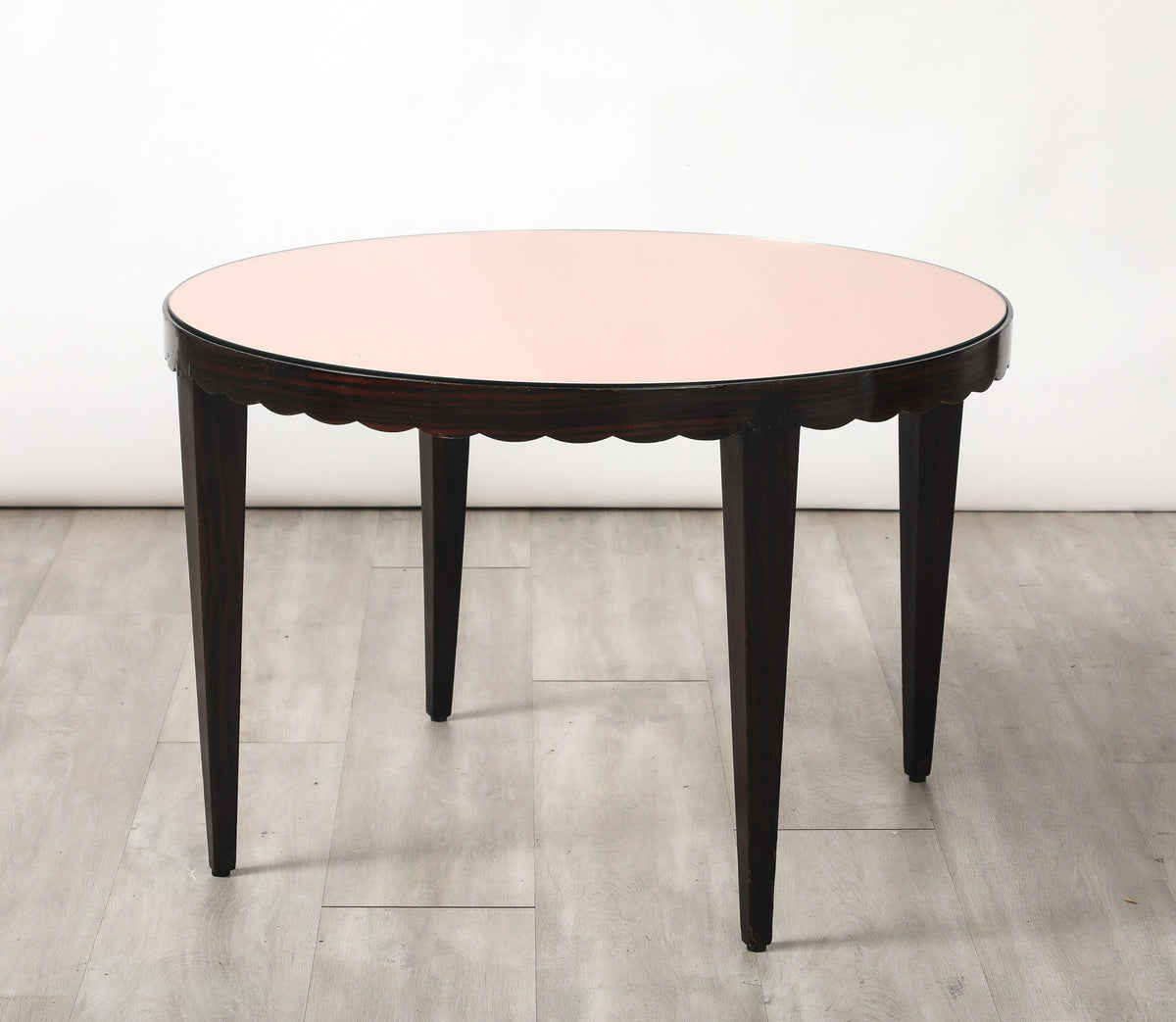 Italian Wood and Rose Gold Glass Scalloped Coffee Table, circa 1950