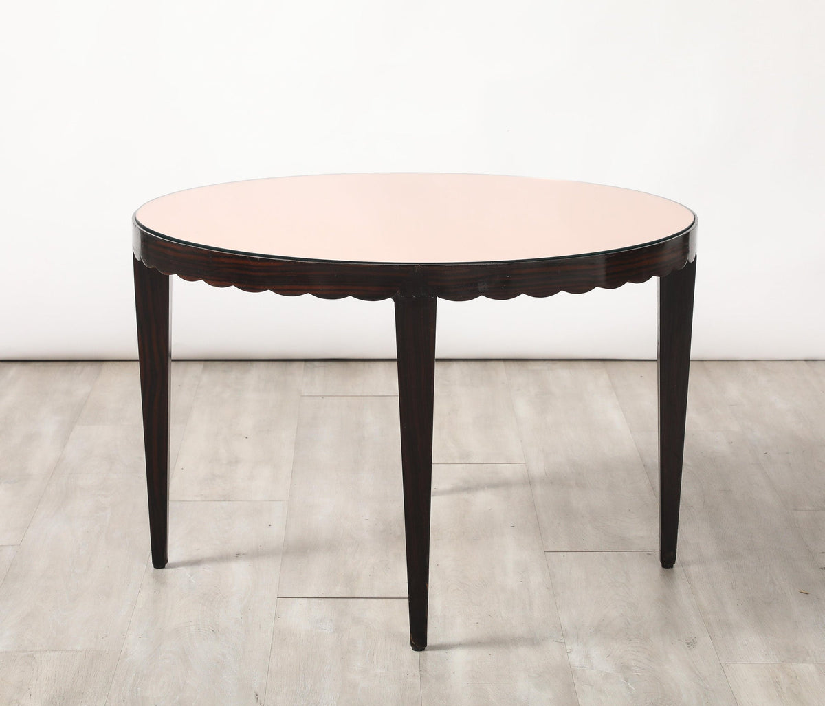 Italian Wood and Rose Gold Glass Scalloped Coffee Table, circa 1950