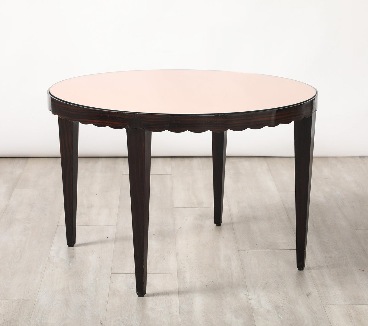 Italian Wood and Rose Gold Glass Scalloped Coffee Table, circa 1950