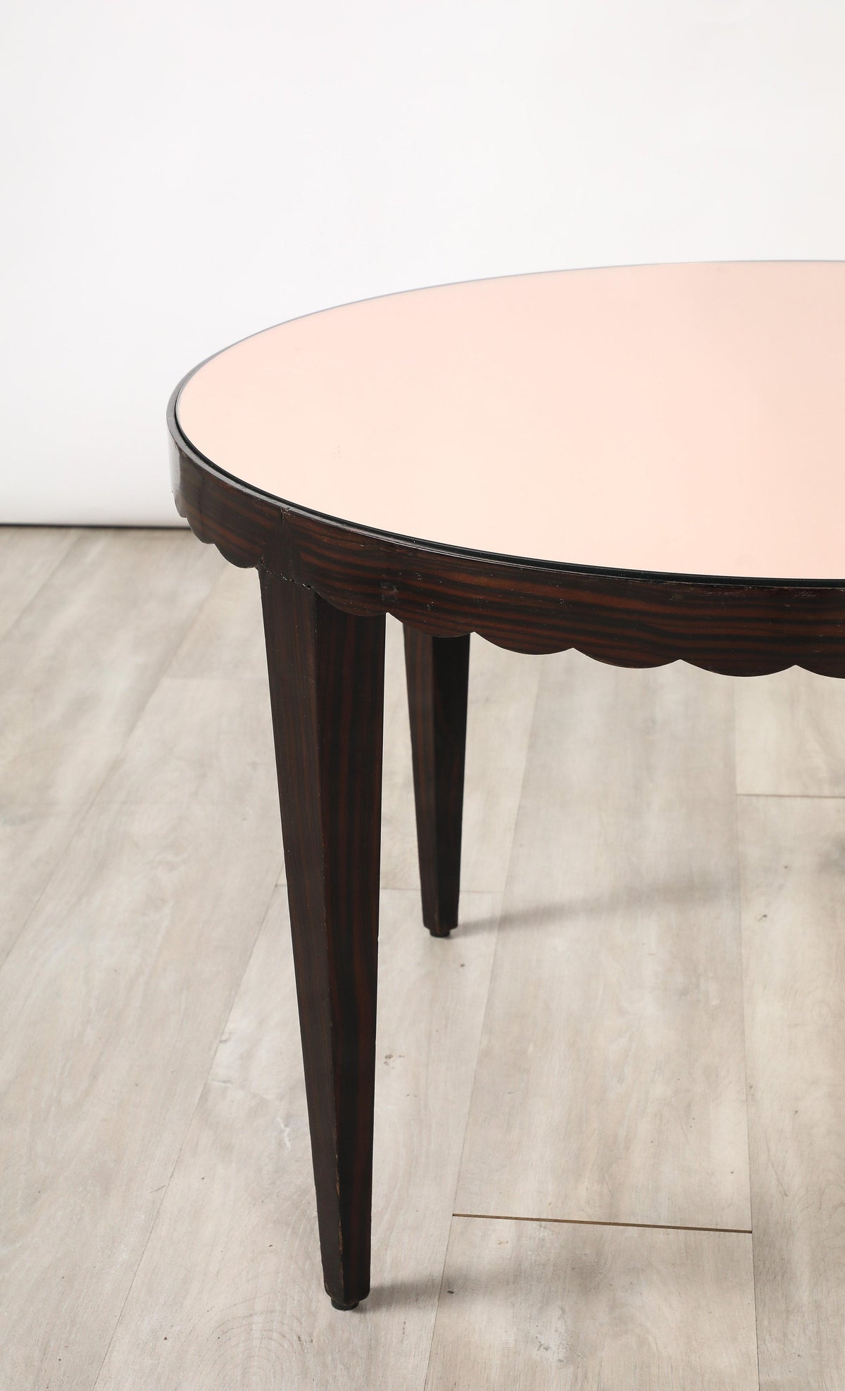Italian Wood and Rose Gold Glass Scalloped Coffee Table, circa 1950