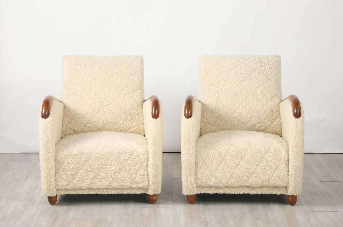 Osvaldo Borsani Lounge Chairs, Sheepskin & Oak, Art Deco, Circa 1945