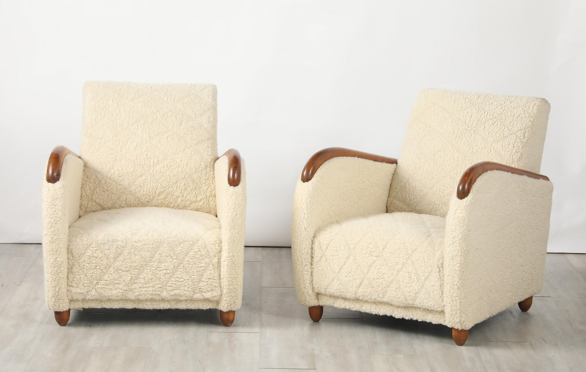 Osvaldo Borsani Lounge Chairs, Sheepskin & Oak, Art Deco, Circa 1945
