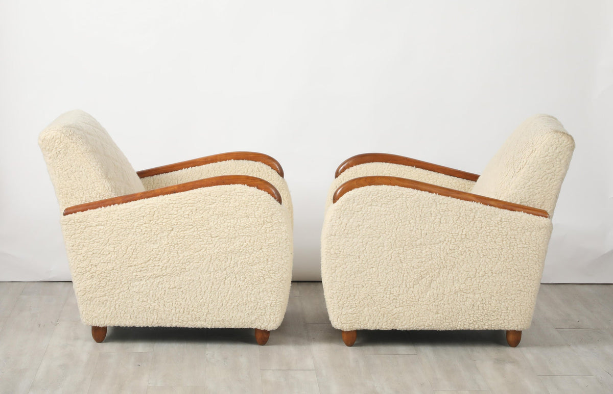 Osvaldo Borsani Lounge Chairs, Sheepskin & Oak, Art Deco, Circa 1945