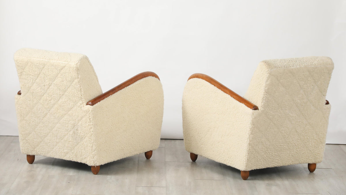 Osvaldo Borsani Lounge Chairs, Sheepskin & Oak, Art Deco, Circa 1945