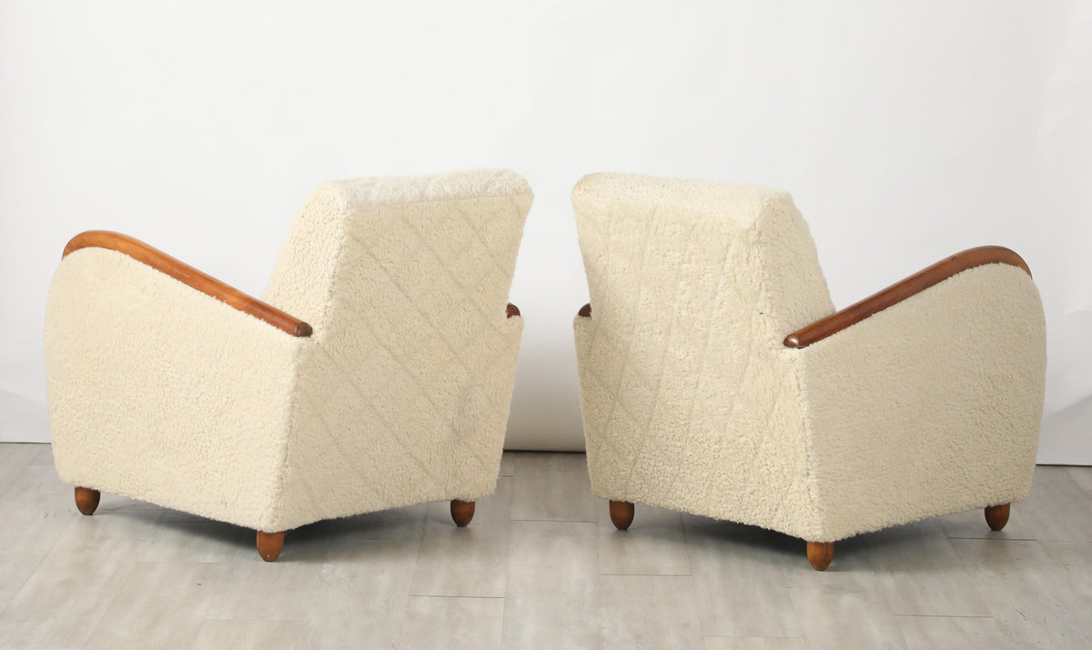 Osvaldo Borsani Lounge Chairs, Sheepskin & Oak, Art Deco, Circa 1945