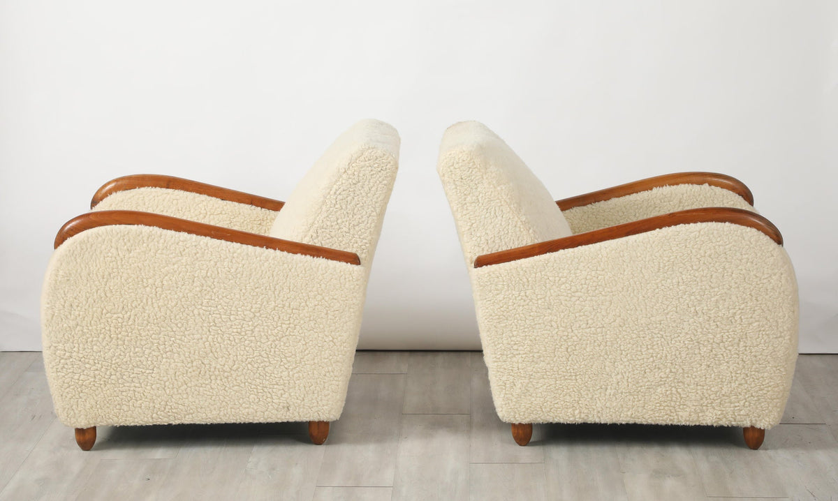 Osvaldo Borsani Lounge Chairs, Sheepskin & Oak, Art Deco, Circa 1945