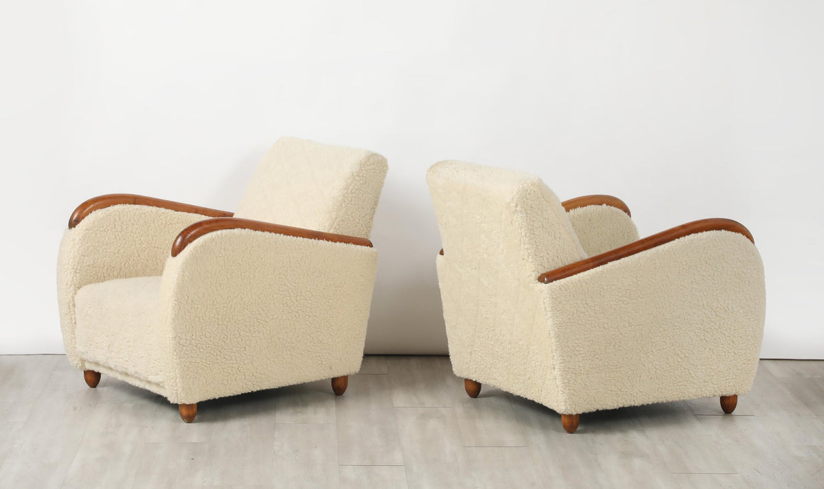 Osvaldo Borsani Lounge Chairs, Sheepskin & Oak, Art Deco, Circa 1945