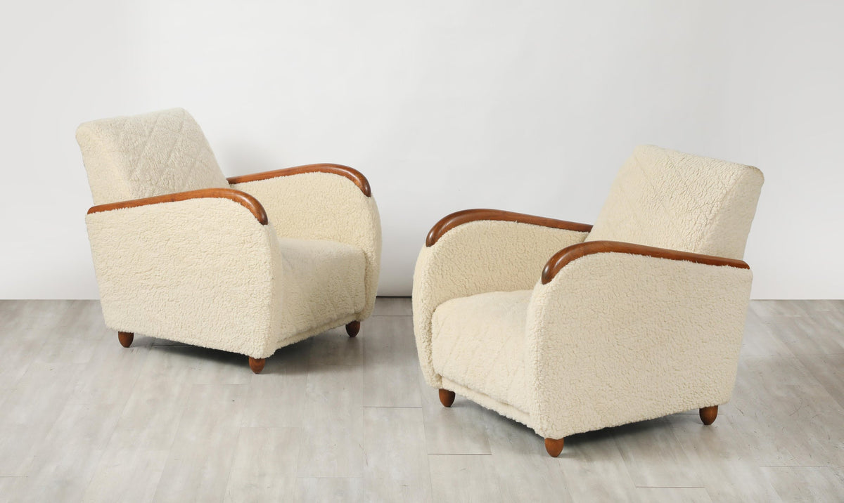 Osvaldo Borsani Lounge Chairs, Sheepskin & Oak, Art Deco, Circa 1945