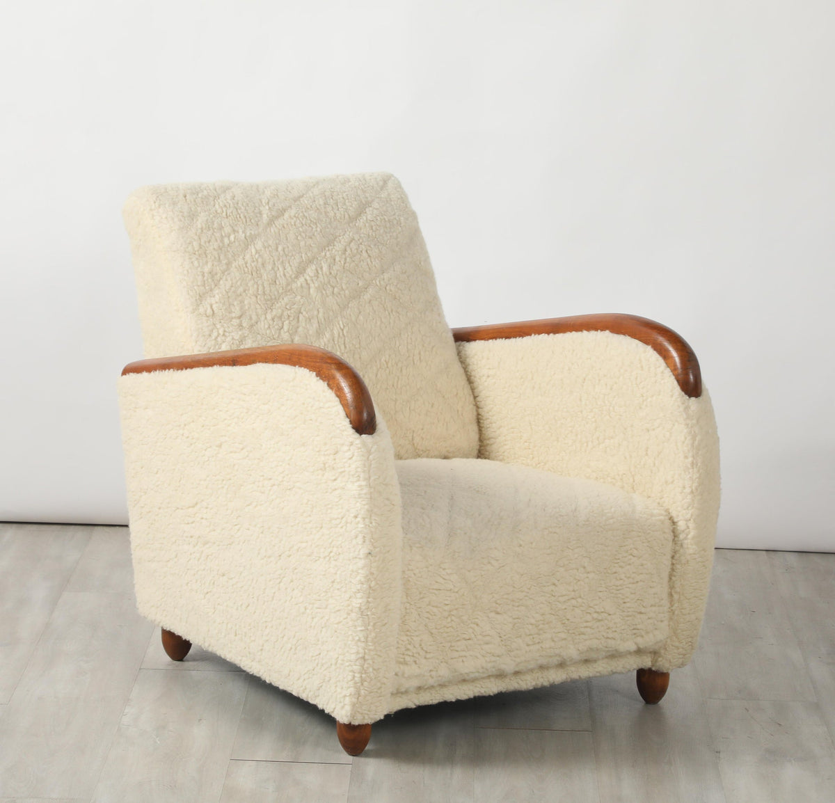 Osvaldo Borsani Lounge Chairs, Sheepskin & Oak, Art Deco, Circa 1945