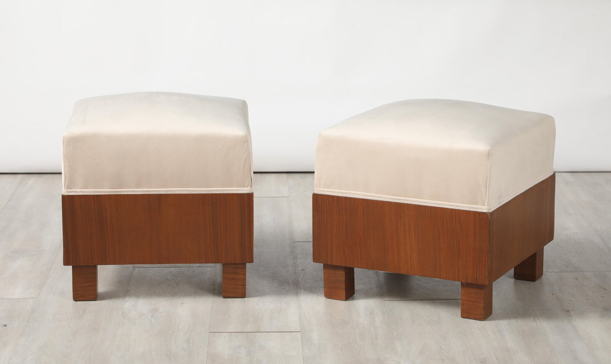 Mid-Century Modern Walnut Square Stools with Cream Upholstered Seat