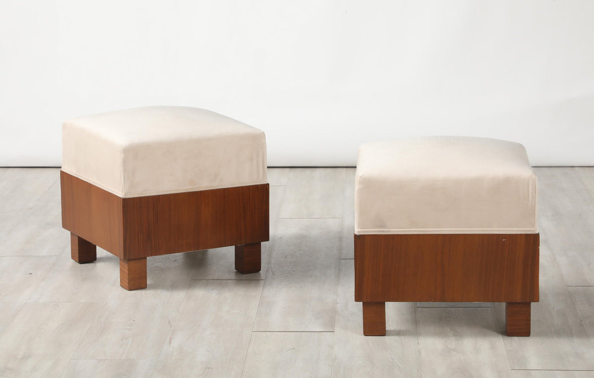 Mid-Century Modern Walnut Square Stools with Cream Upholstered Seat