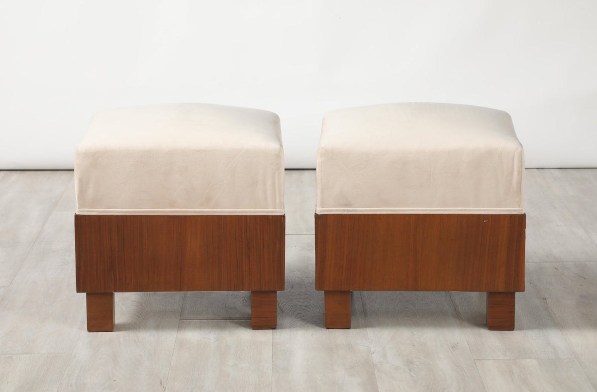 Mid-Century Modern Walnut Square Stools with Cream Upholstered Seat