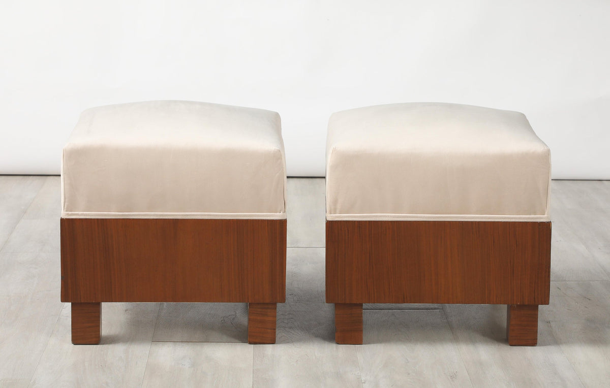 Mid-Century Modern Walnut Square Stools with Cream Upholstered Seat
