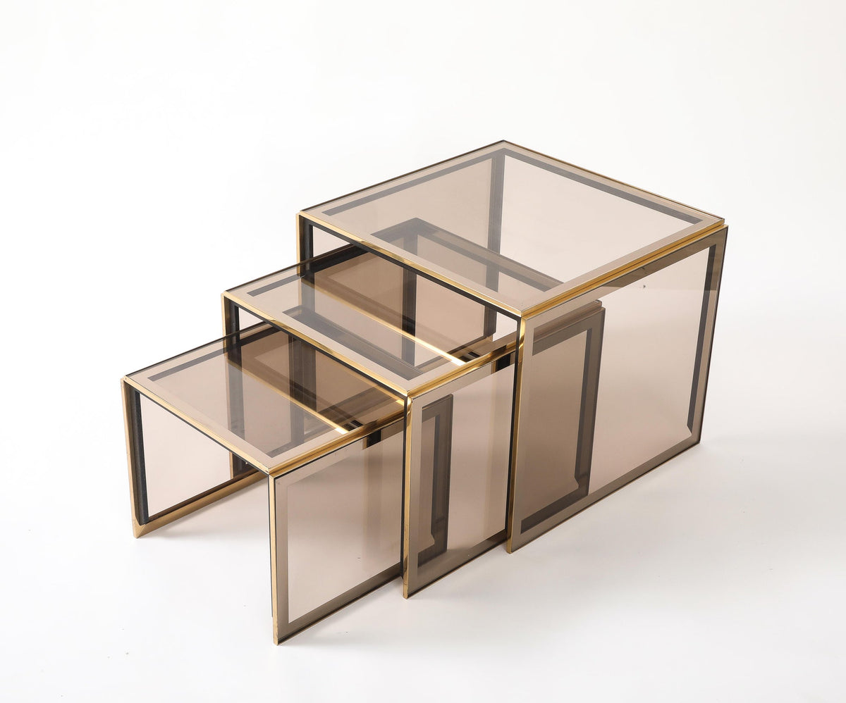 Renato Zevi Nesting Tables, Black Steel & Smoked Glass, Italy, 1970s