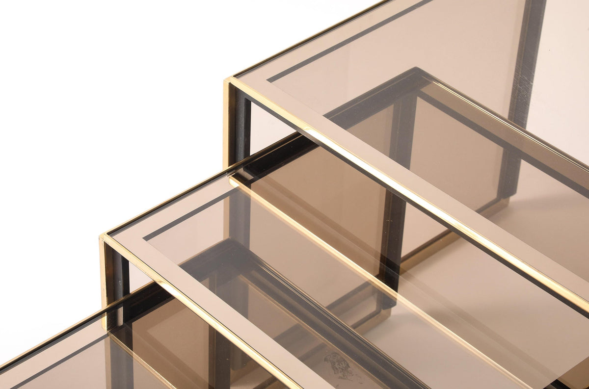 Renato Zevi Nesting Tables, Black Steel & Smoked Glass, Italy, 1970s