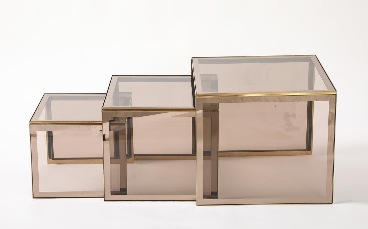 Renato Zevi Nesting Tables, Black Steel & Smoked Glass, Italy, 1970s