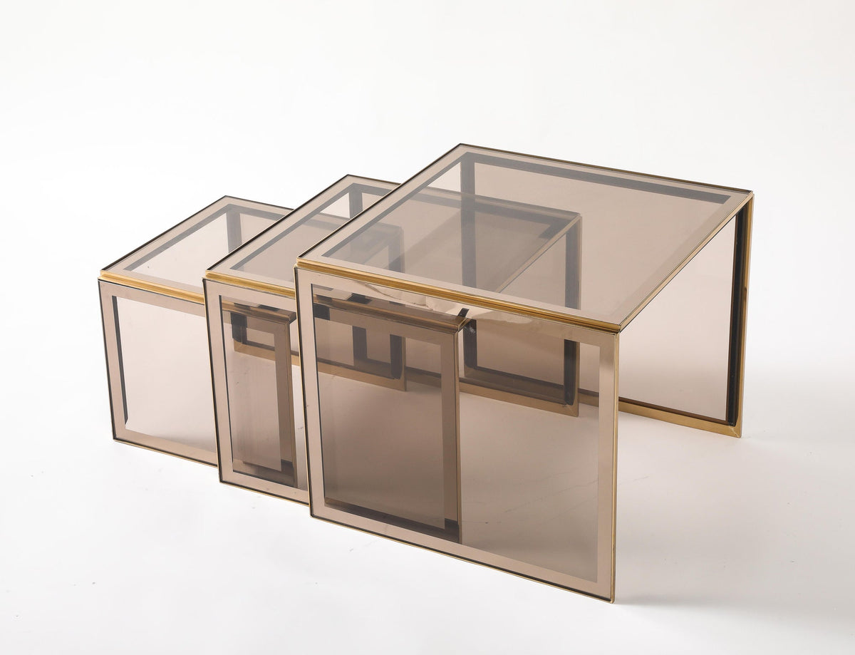 Renato Zevi Nesting Tables, Black Steel & Smoked Glass, Italy, 1970s