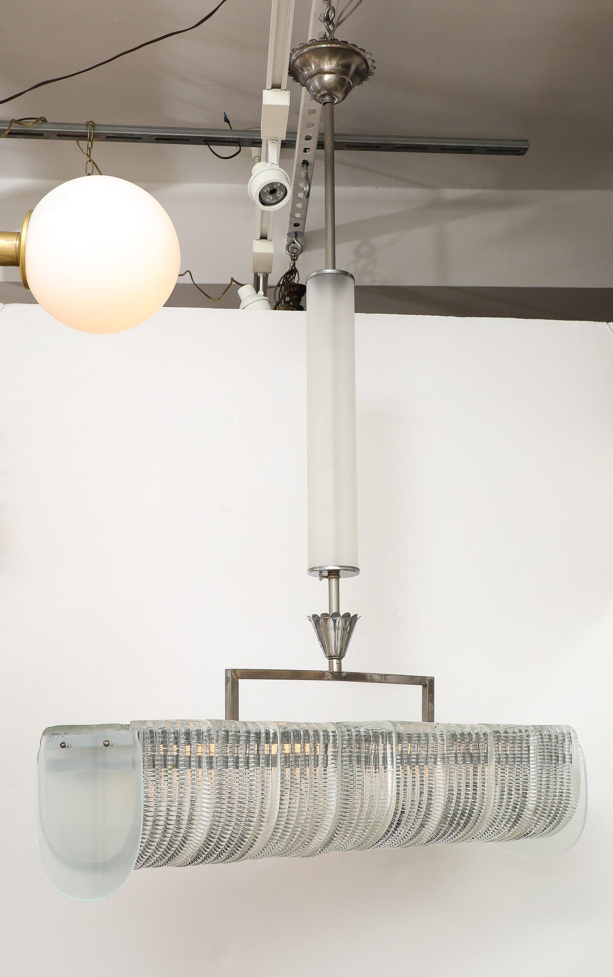 Carlo Scarpa Venini Art Deco Chandelier, Nickel & Glass, 1930s
