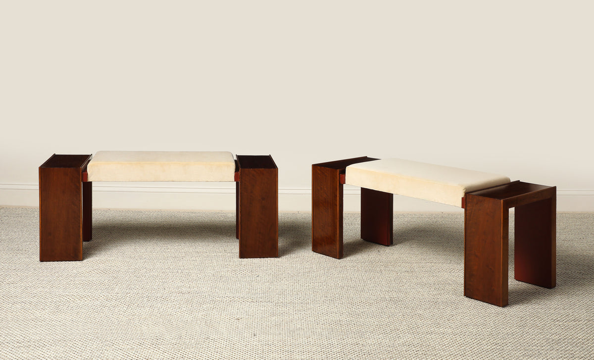 Pair of Italian Walnut Art Deco Stools, circa 1940