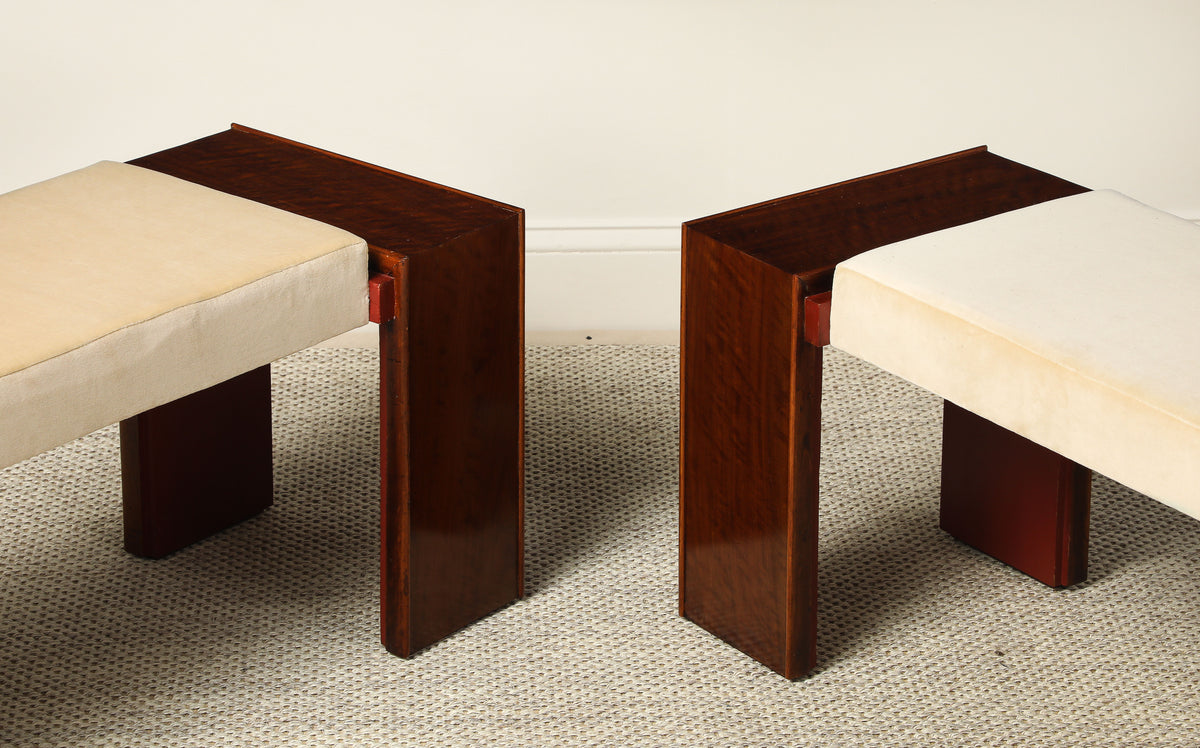 Pair of Italian Walnut Art Deco Stools, circa 1940
