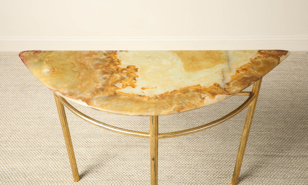 Italian Gilt Iron and Agate Demi-Lune Console Table, circa 1970