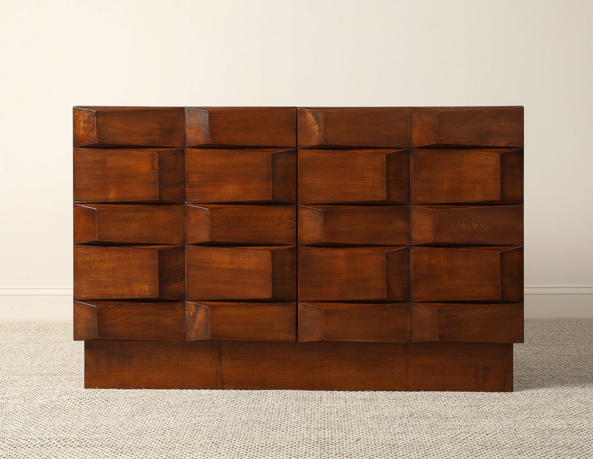 Italian Contemporary Brutalist Style Carved Oak Two-Door Cabinet
