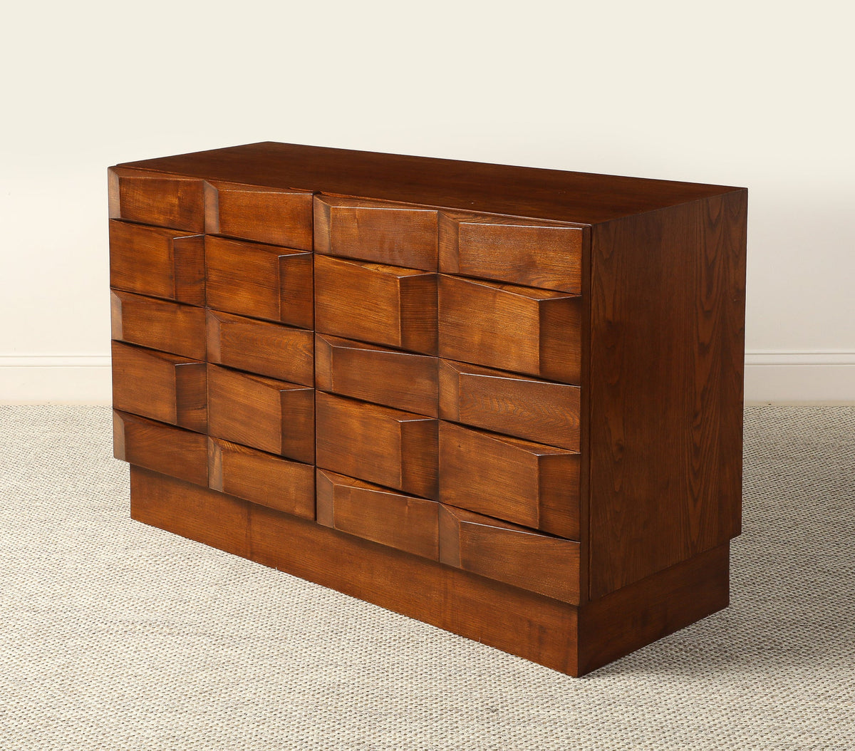 Italian Contemporary Brutalist Style Carved Oak Two-Door Cabinet