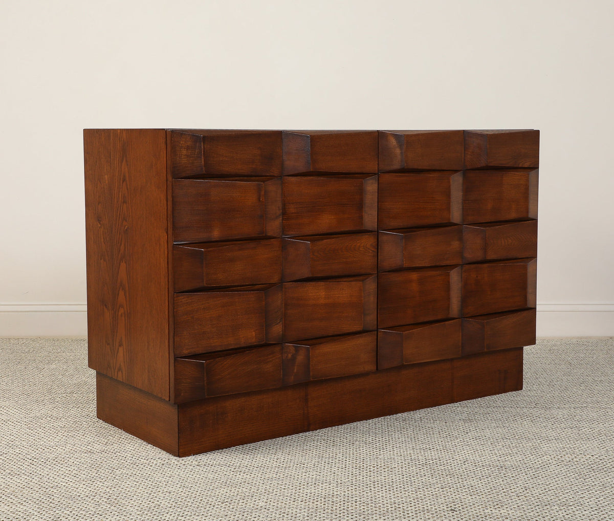 Italian Contemporary Brutalist Style Carved Oak Two-Door Cabinet