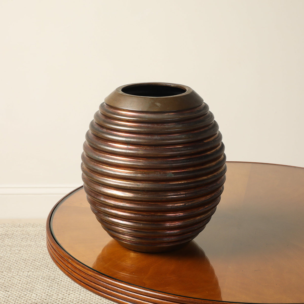 Italian Art Deco Ribbed Copper and Brass Vase, circa 1930