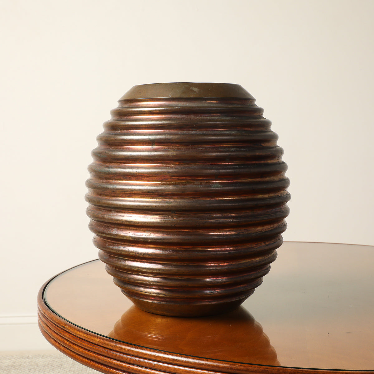 Italian Art Deco Ribbed Copper and Brass Vase, circa 1930