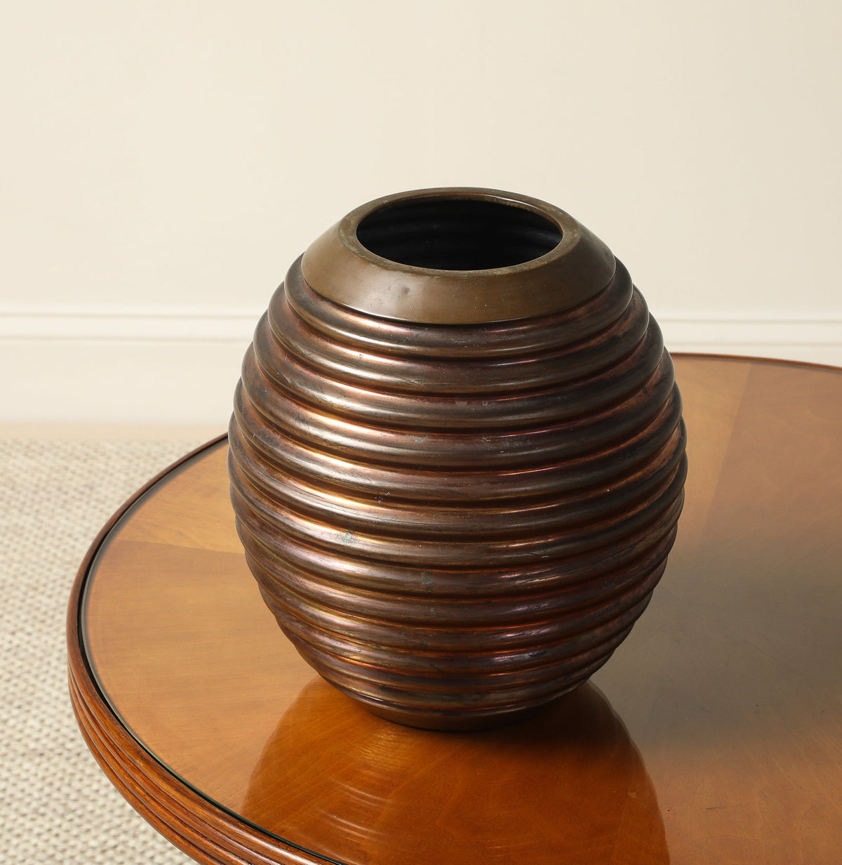 Italian Art Deco Ribbed Copper and Brass Vase, circa 1930