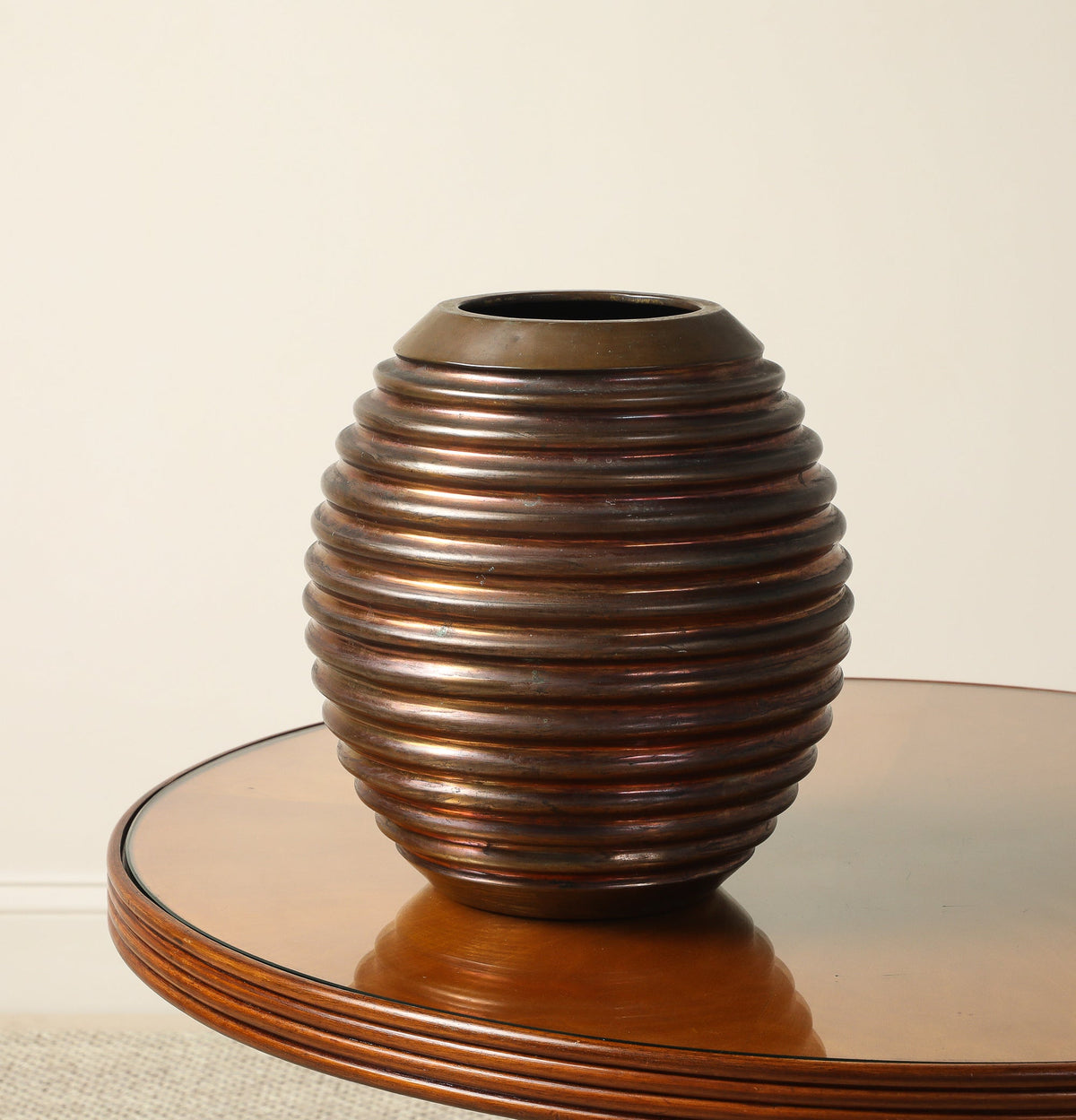 Italian Art Deco Ribbed Copper and Brass Vase, circa 1930